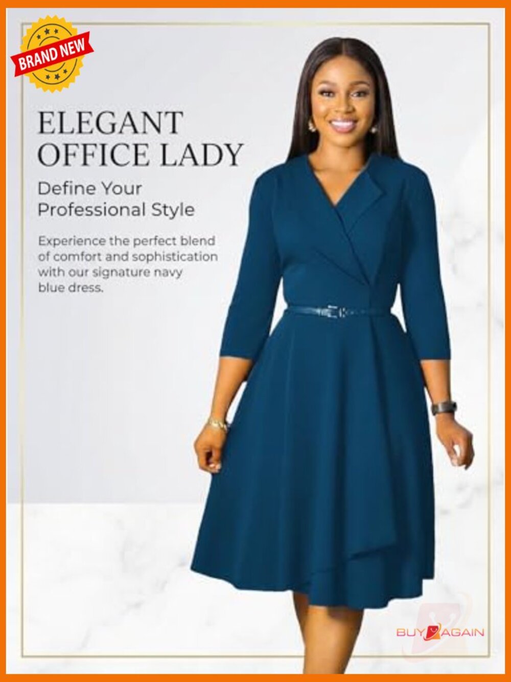 3/4 Sleeve A-Line Dress with Belt for Wedding Guest or Work - Picture 3 of 7